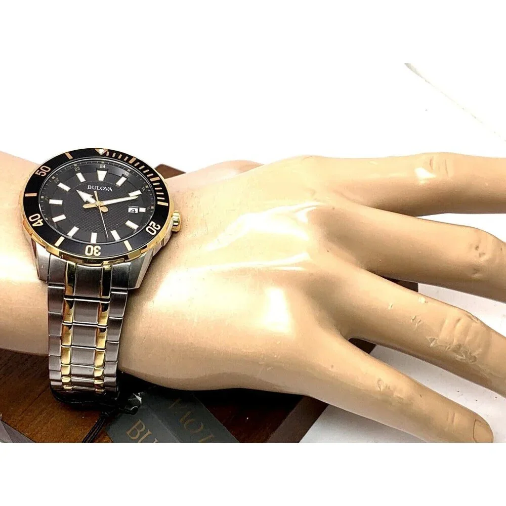 Bulova Men's Watch 98B394 Black Dial Date Quartz Two Tone Stainless Steel 44mm